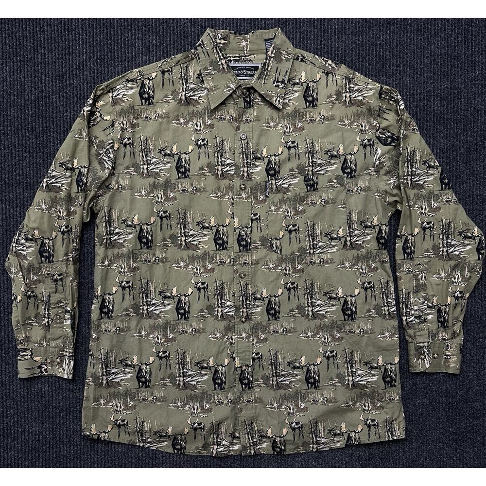 Vtg Field & Stream Button Up Shirt Men L Moose Hunt Allover Print Long Sleeve